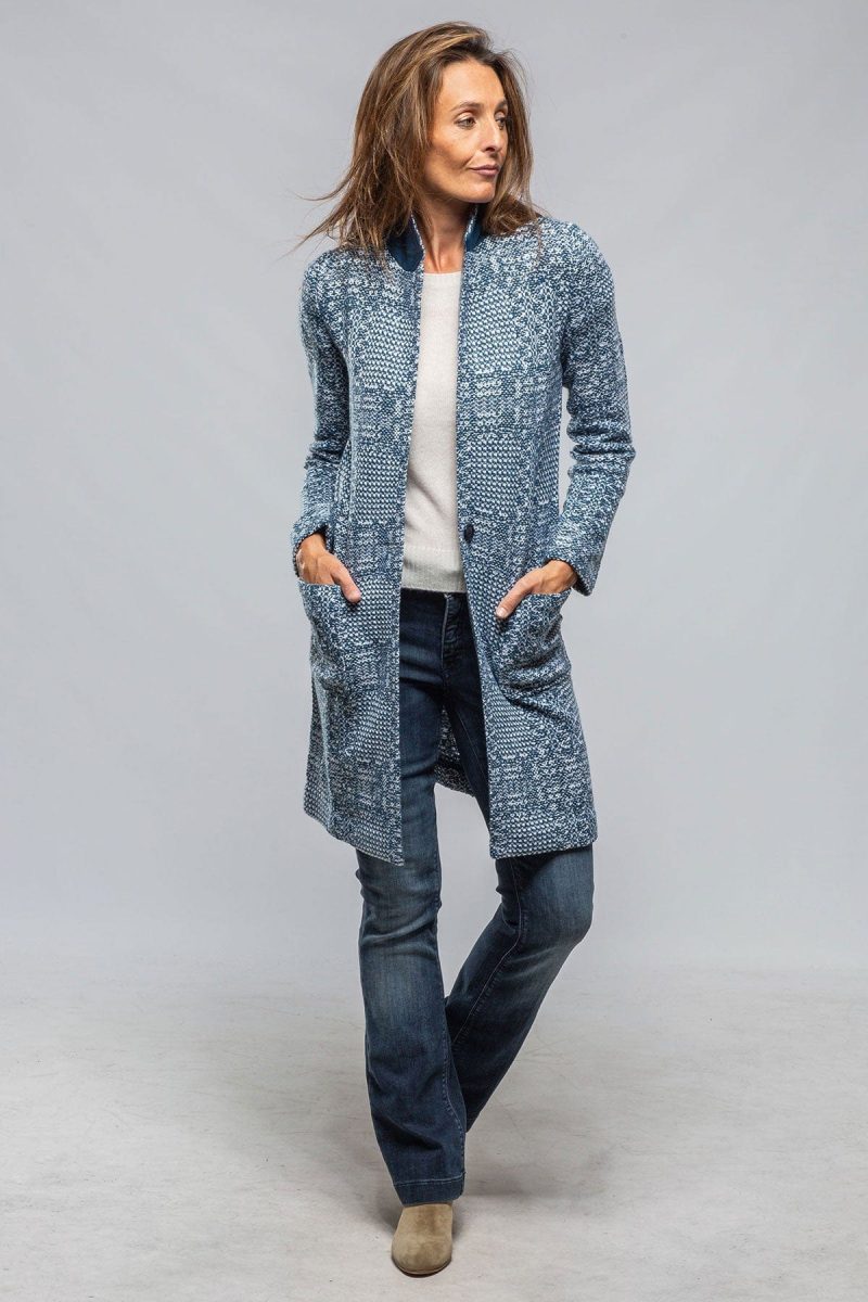 amina rubinacci elena long patchwork coat cardigan in blue white ladies tailored jackets axels vail 40243406831850