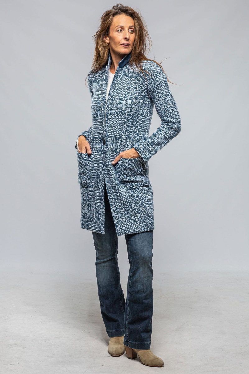 amina rubinacci elena long patchwork coat cardigan in blue white ladies tailored jackets axels vail 40243406897386