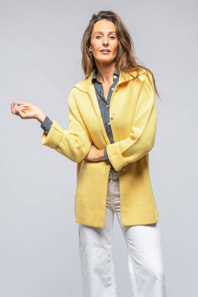 amina rubinacci nina long cashmere ribbed cardigan in butter yellow ladies sweaters axels vail 39301538676970