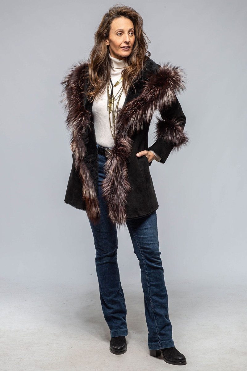 artico bigallo shearling in black w silver tipped fur trim ladies outerwear shearling axels vail 39889732010218