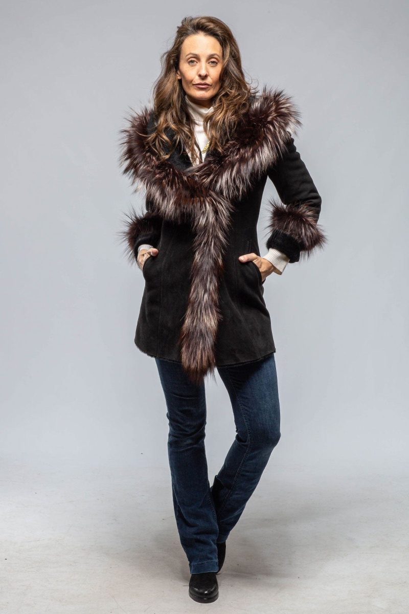 artico bigallo shearling in black w silver tipped fur trim ladies outerwear shearling axels vail 39889732206826