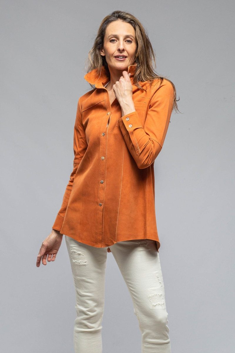 artico olivia long suede shirt w pleated back in rust ladies outerwear leather axels vail 37061536645354