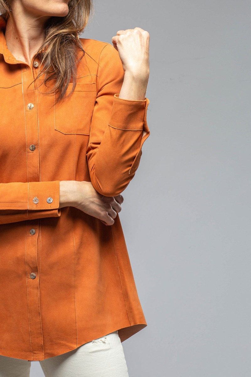 artico olivia long suede shirt w pleated back in rust ladies outerwear leather axels vail 37061536678122