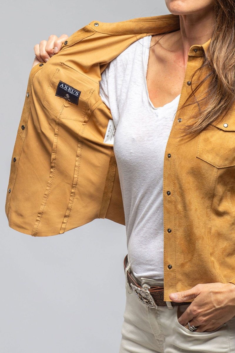 axel s giulia suede snap shirt in camel ladies outerwear leather axels vail 40312438915306