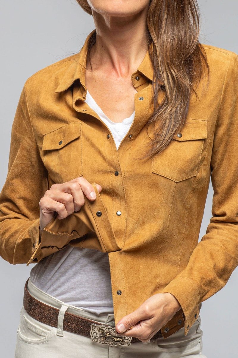 axel s giulia suede snap shirt in camel ladies outerwear leather axels vail 40312439079146