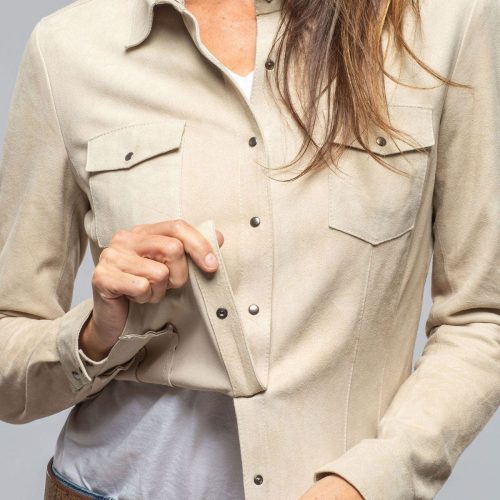 axel s giulia suede snap shirt in stone ladies outerwear leather axels vail 40367495512298