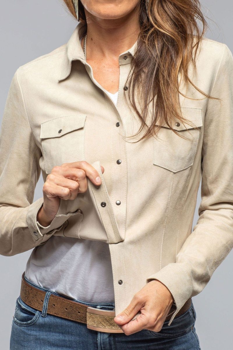 axel s giulia suede snap shirt in stone ladies outerwear leather axels vail 40367495512298