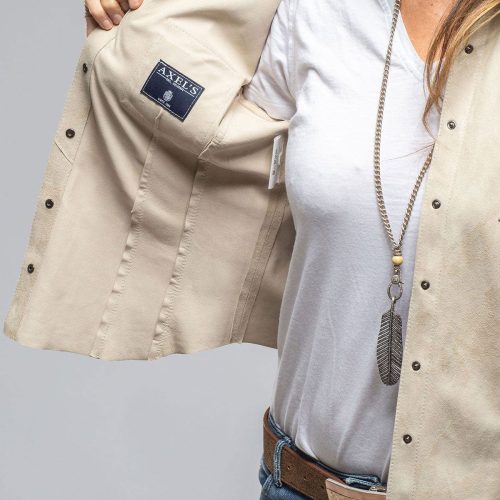 axel s giulia suede snap shirt in stone ladies outerwear leather axels vail 40367496200426