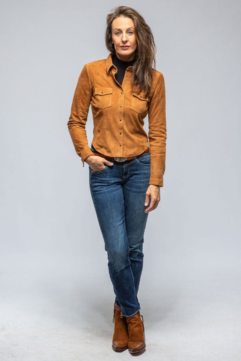 axel s giulia suede snap shirt in whiskey ladies outerwear leather axels vail 39523136012522