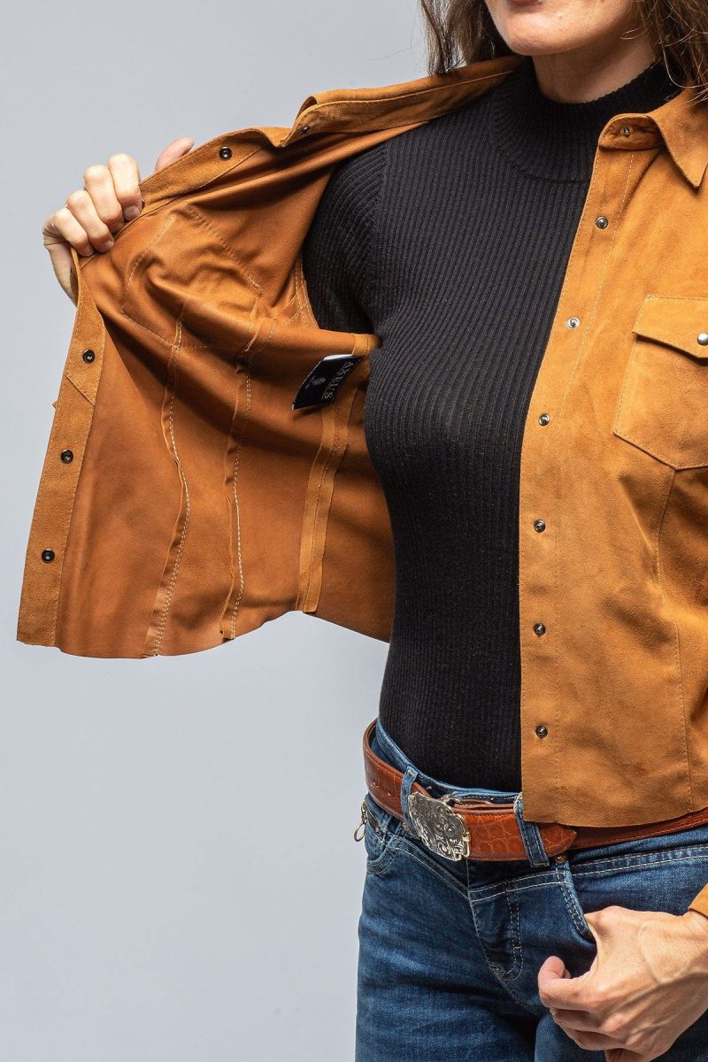 axel s giulia suede snap shirt in whiskey ladies outerwear leather axels vail 39523136372970