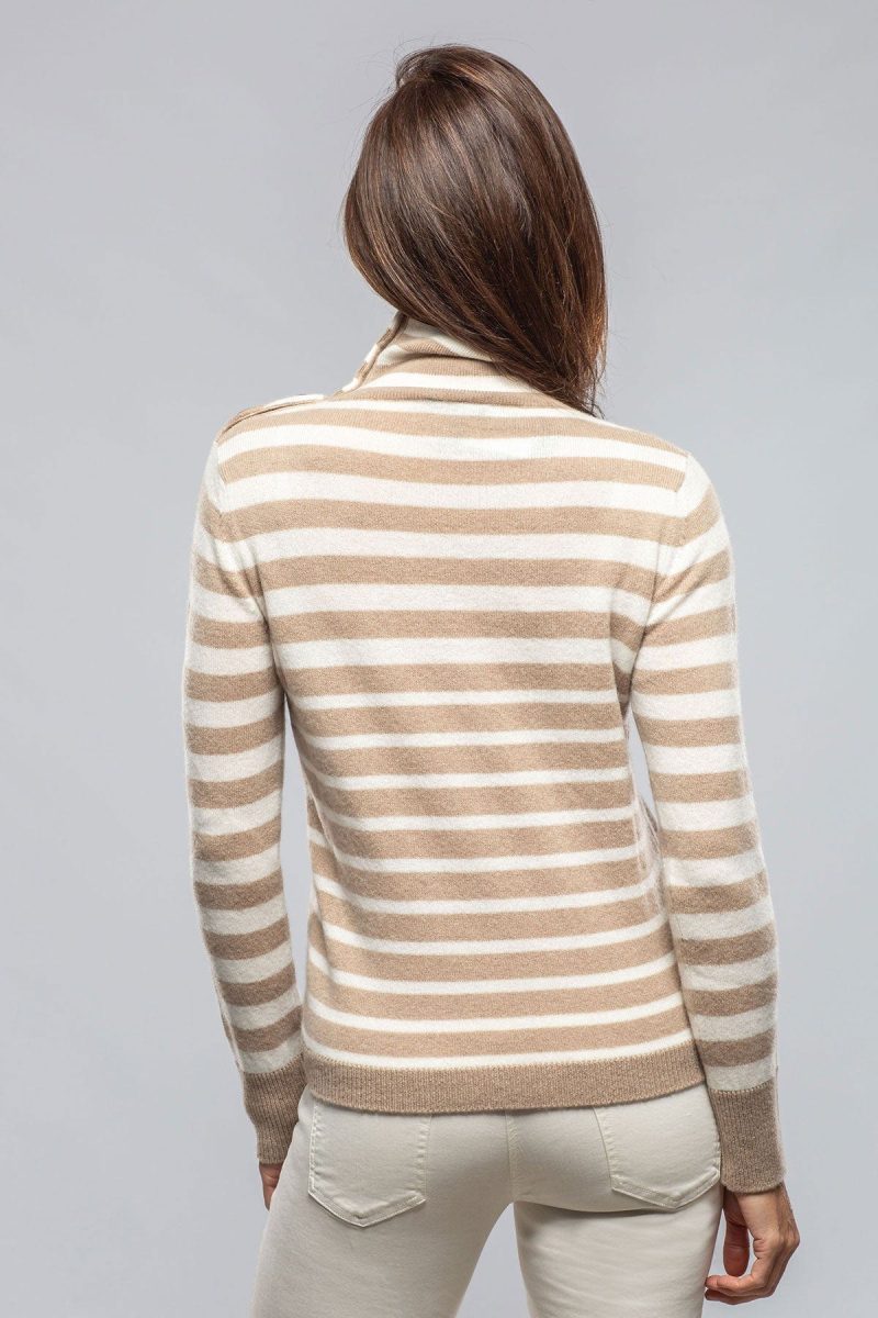 axels georgi cashmere striped button collar in camel white ladies sweaters axels vail 40383085609194