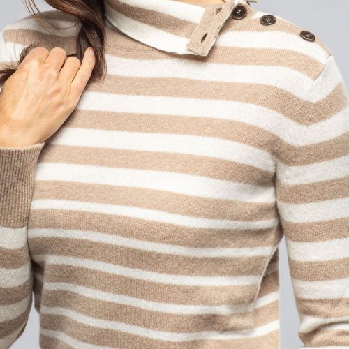 axels georgi cashmere striped button collar in camel white ladies sweaters axels vail 40383086002410