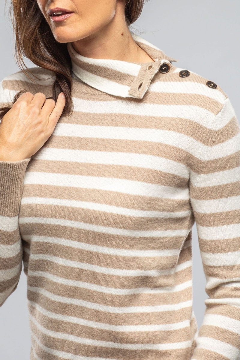 axels georgi cashmere striped button collar in camel white ladies sweaters axels vail 40383086002410