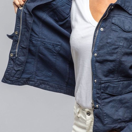 axels premium denim beale cotton linen jacket in navy ladies outerwear cloth axels vail 40081052893418