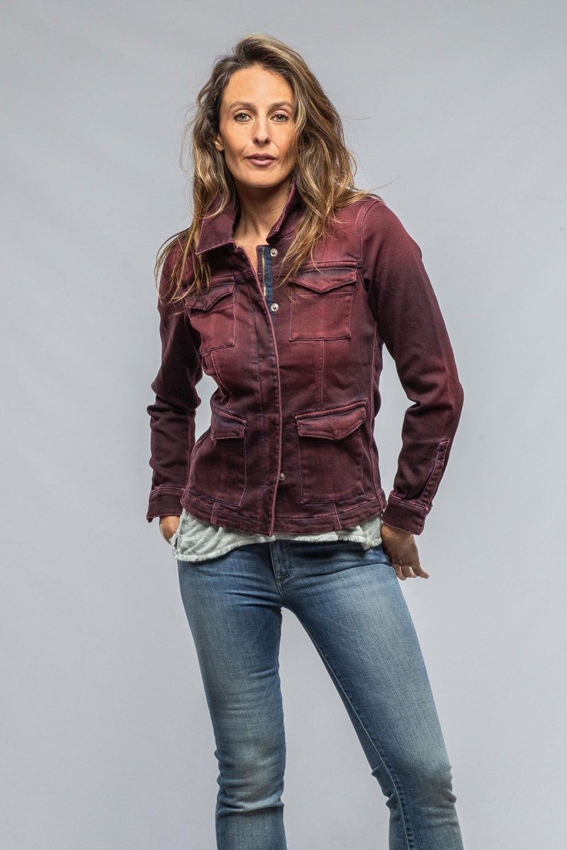 axels premium denim beale denim jkt in bordeaux over dye ladies outerwear cloth axels vail 37373344514282