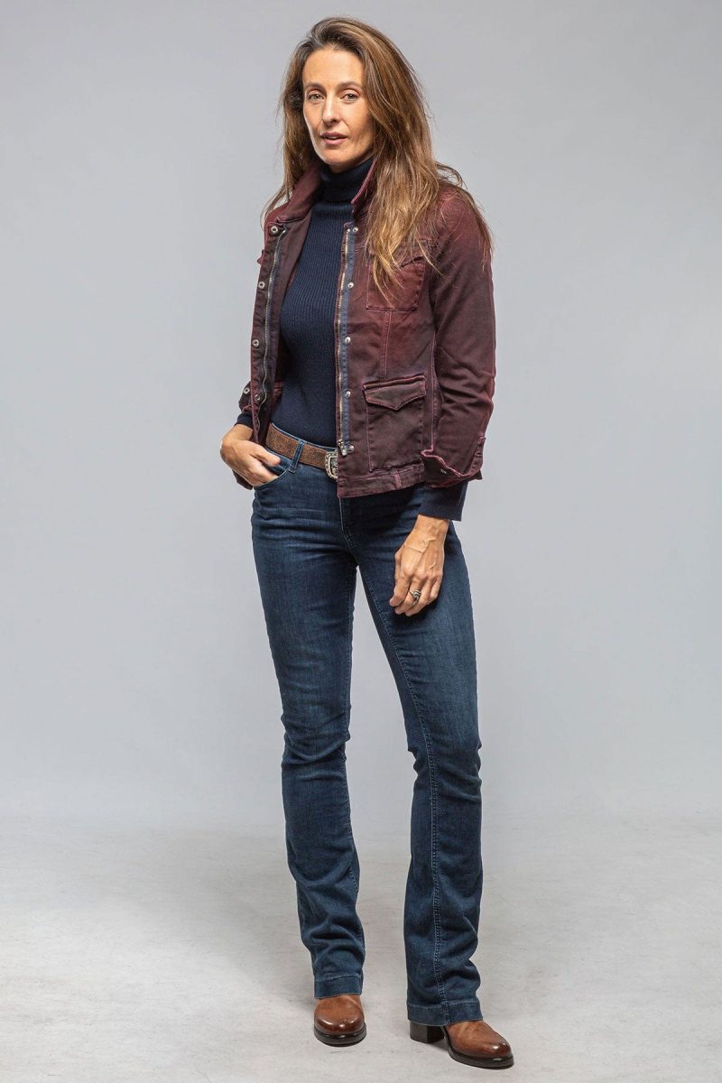 axels premium denim beale over dyed denim jacket in bordeaux ladies outerwear cloth axels vail 40307875610858