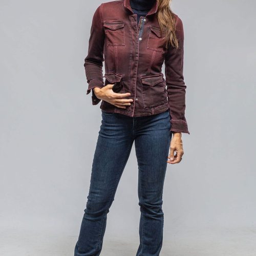 axels premium denim beale over dyed denim jacket in bordeaux ladies outerwear cloth axels vail 40307875643626