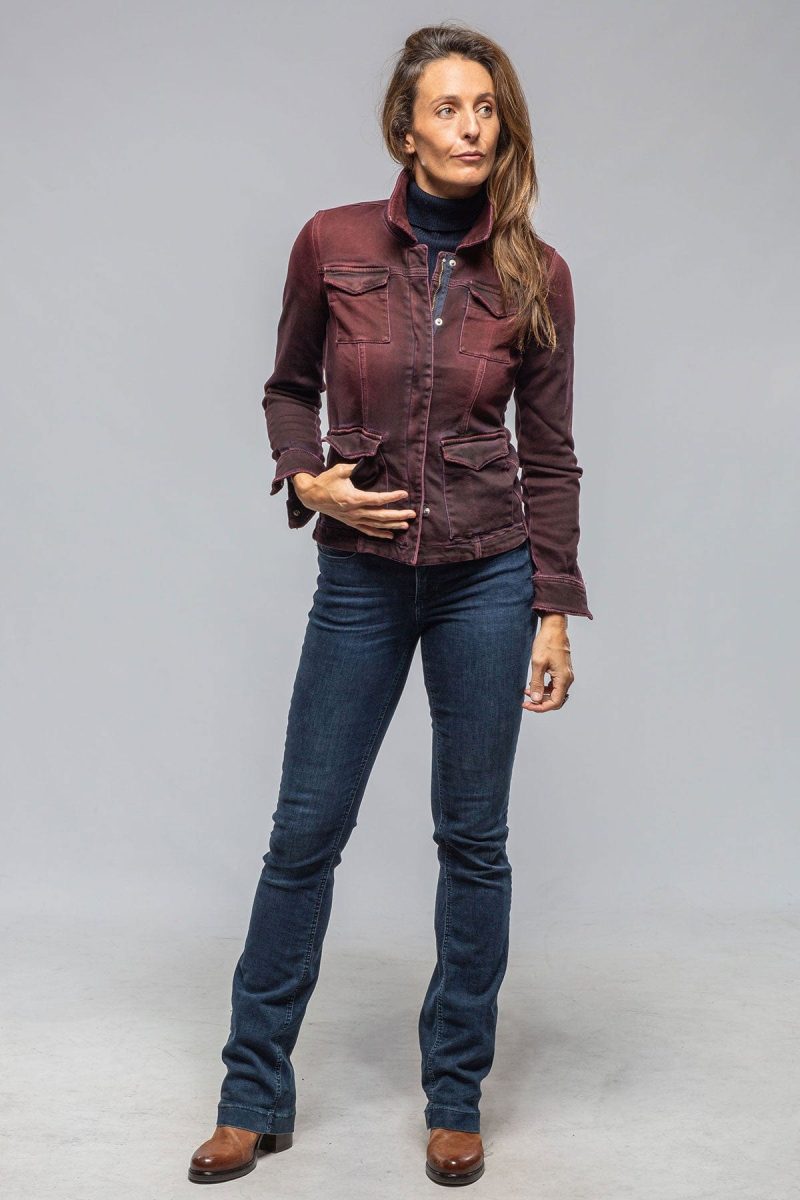 axels premium denim beale over dyed denim jacket in bordeaux ladies outerwear cloth axels vail 40307875643626