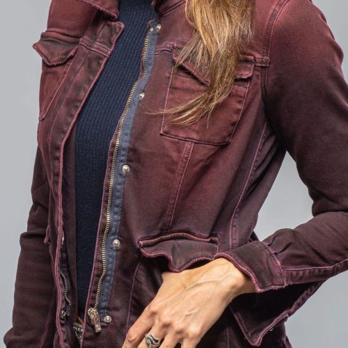 axels premium denim beale over dyed denim jacket in bordeaux ladies outerwear cloth axels vail 40307875741930