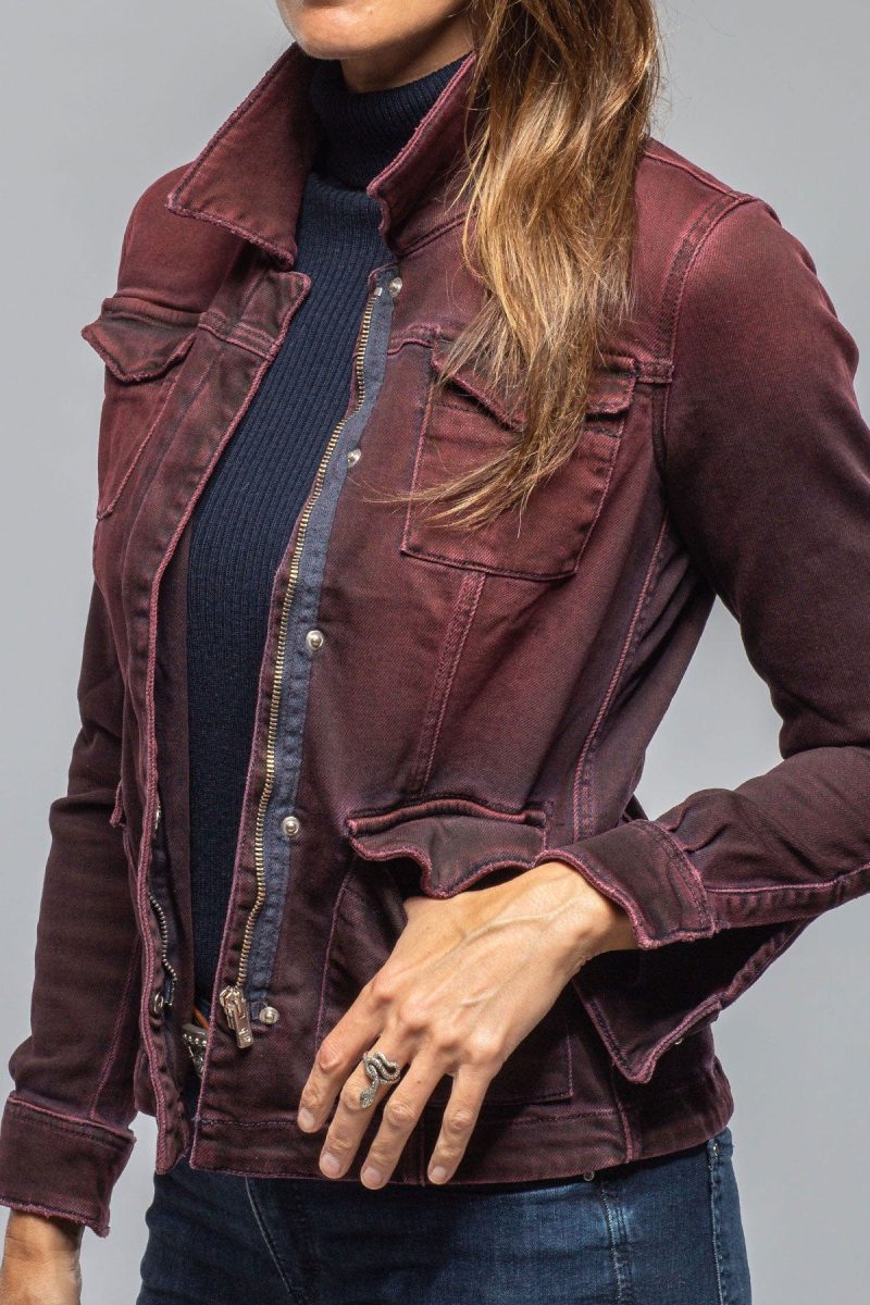 axels premium denim beale over dyed denim jacket in bordeaux ladies outerwear cloth axels vail 40307875741930