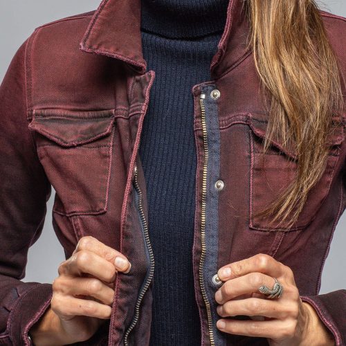 axels premium denim beale over dyed denim jacket in bordeaux ladies outerwear cloth axels vail 40307875774698