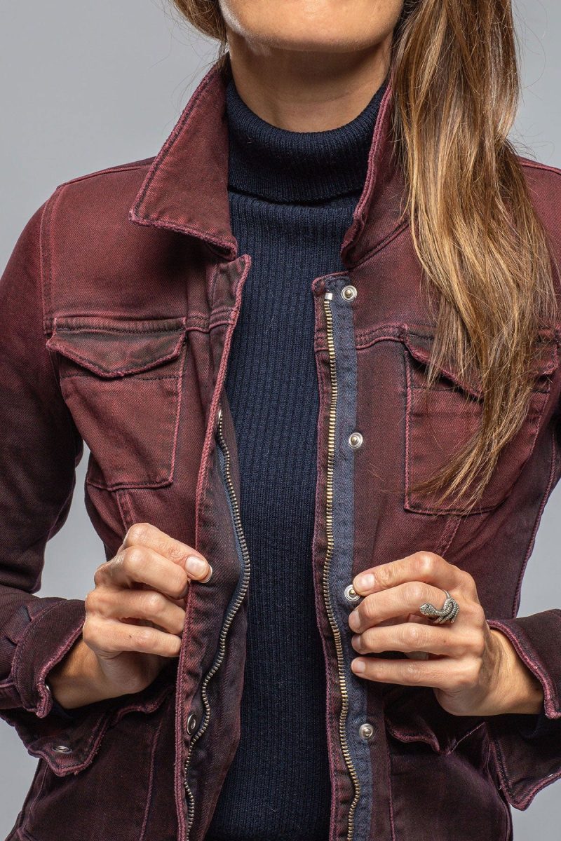 axels premium denim beale over dyed denim jacket in bordeaux ladies outerwear cloth axels vail 40307875774698