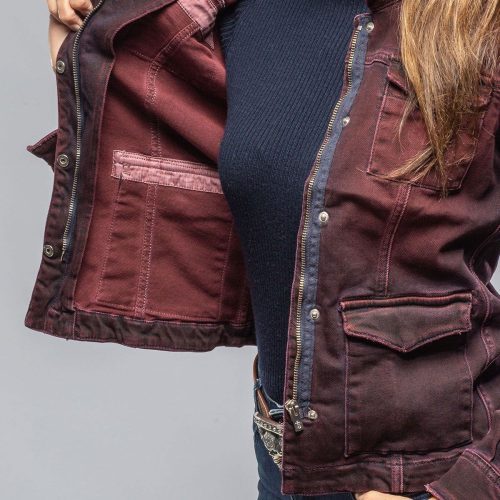 axels premium denim beale over dyed denim jacket in bordeaux ladies outerwear cloth axels vail 40307875807466