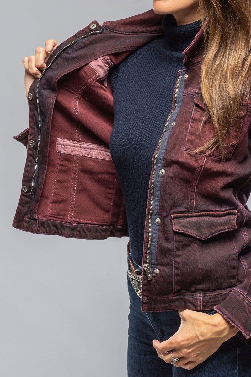 axels premium denim beale over dyed denim jacket in bordeaux ladies outerwear cloth axels vail 40307875807466