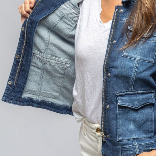 axels premium denim beale over dyed denim jacket in mid dark blue ladies outerwear cloth axels vail 40311865868522