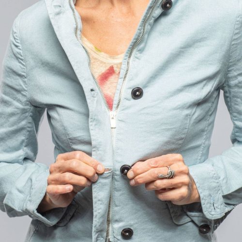 axels premium denim chama cotton linen washed blazer jacket in blue ice ladies outerwear cloth axels vail 40081074946282