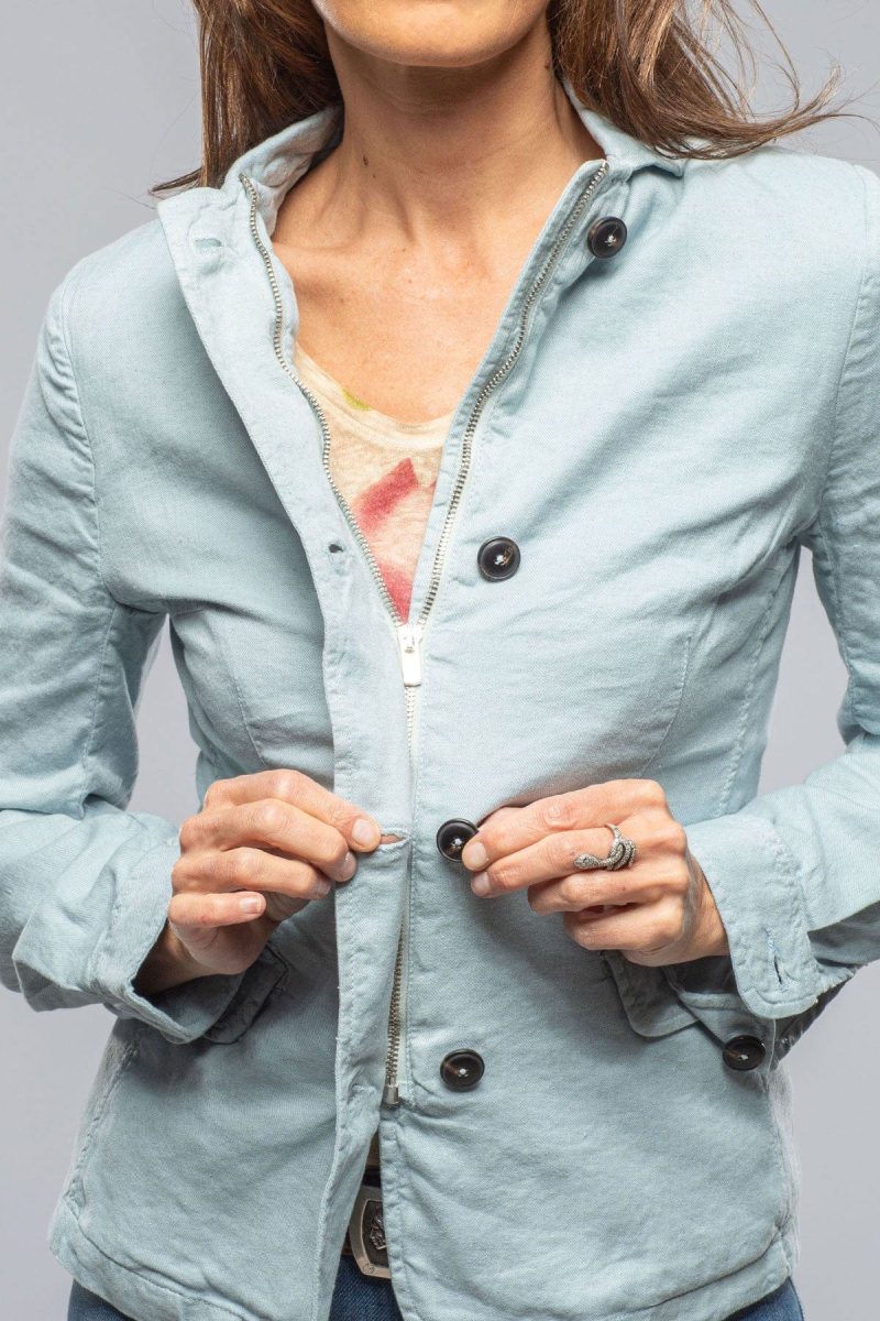 axels premium denim chama cotton linen washed blazer jacket in blue ice ladies outerwear cloth axels vail 40081074946282