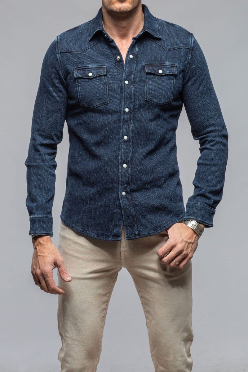 axels premium denim cutter knit snap shirt in indigo mens shirts axels vail 40563387859178