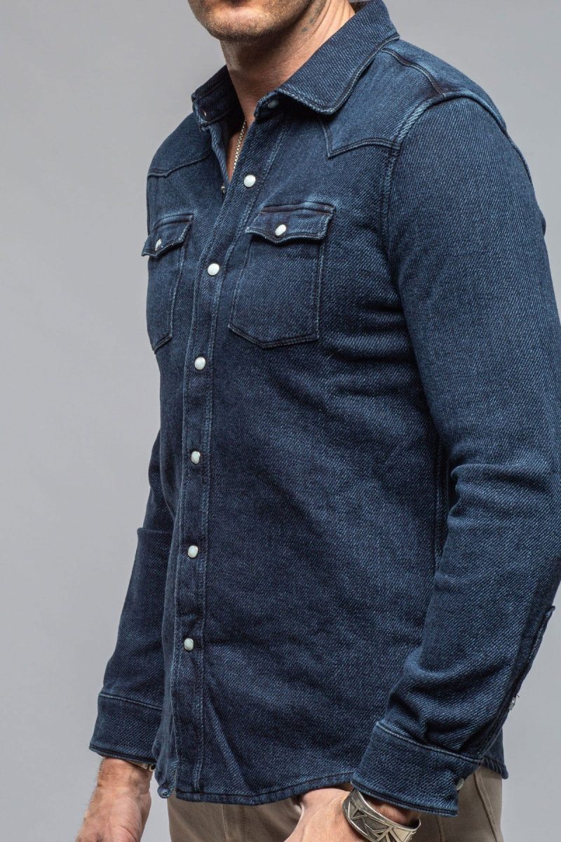 axels premium denim cutter knit snap shirt in indigo mens shirts axels vail 40563387990250