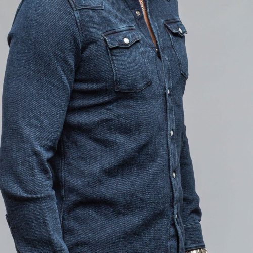 axels premium denim cutter knit snap shirt in indigo mens shirts axels vail 40563388055786