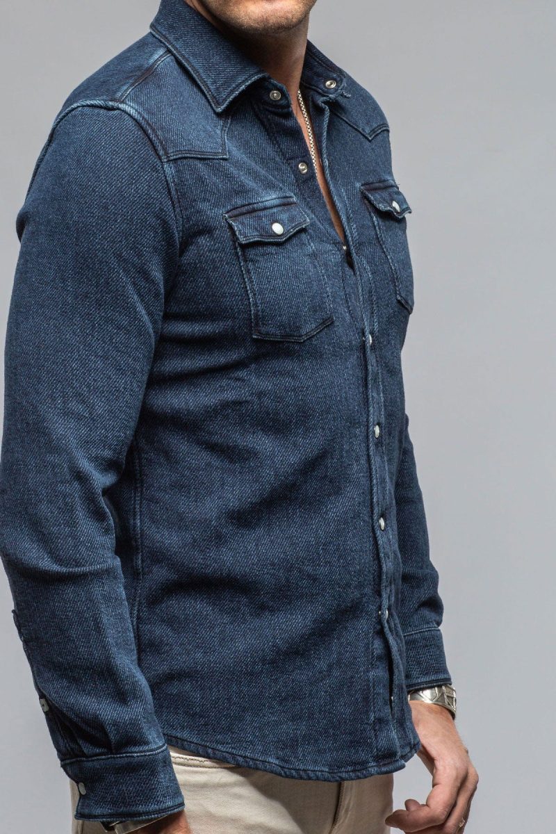 axels premium denim cutter knit snap shirt in indigo mens shirts axels vail 40563388055786