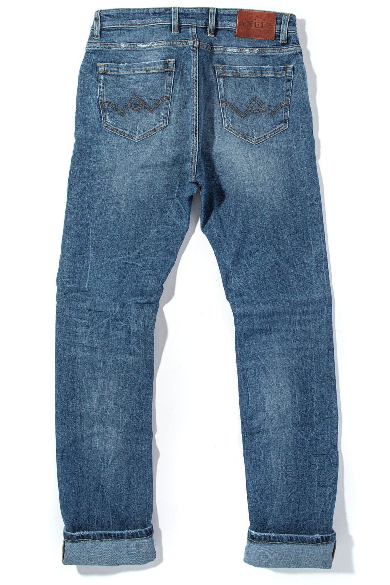 axels premium denim kingman denim with worn edges in mid blue mens pants 5 pocket axels vail 38990239760618