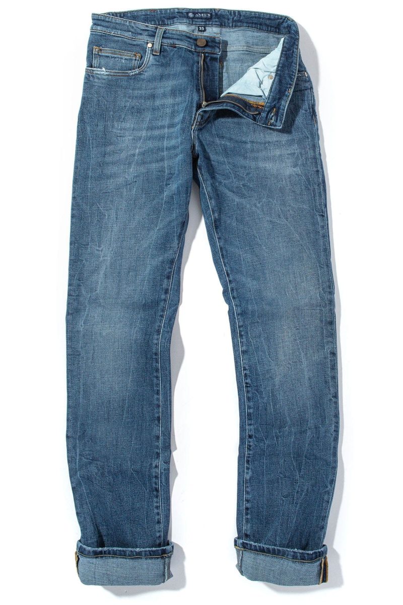 axels premium denim kingman denim with worn edges in mid blue mens pants 5 pocket axels vail 38990239793386