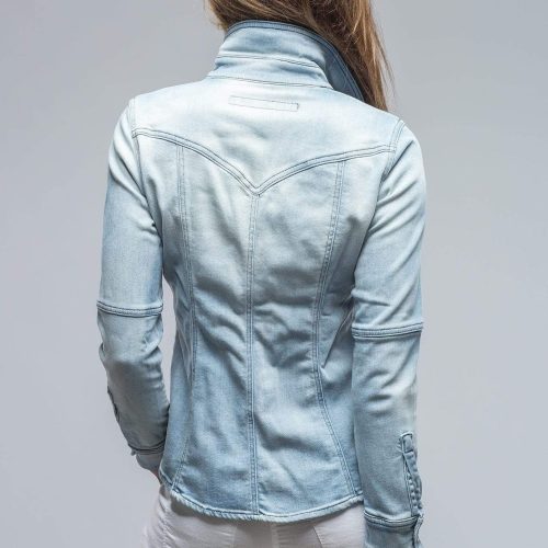 axels premium denim maddi fitted snap shirt in clean light wash ladies tops axels vail 28207019229373