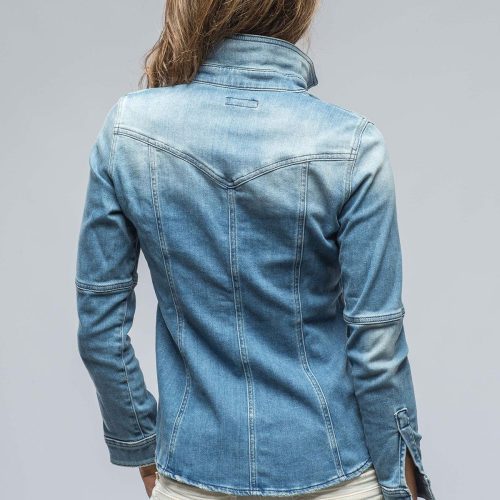 axels premium denim maddi fitted snap shirt in distressed light wash ladies tops axels vail 38523635204330