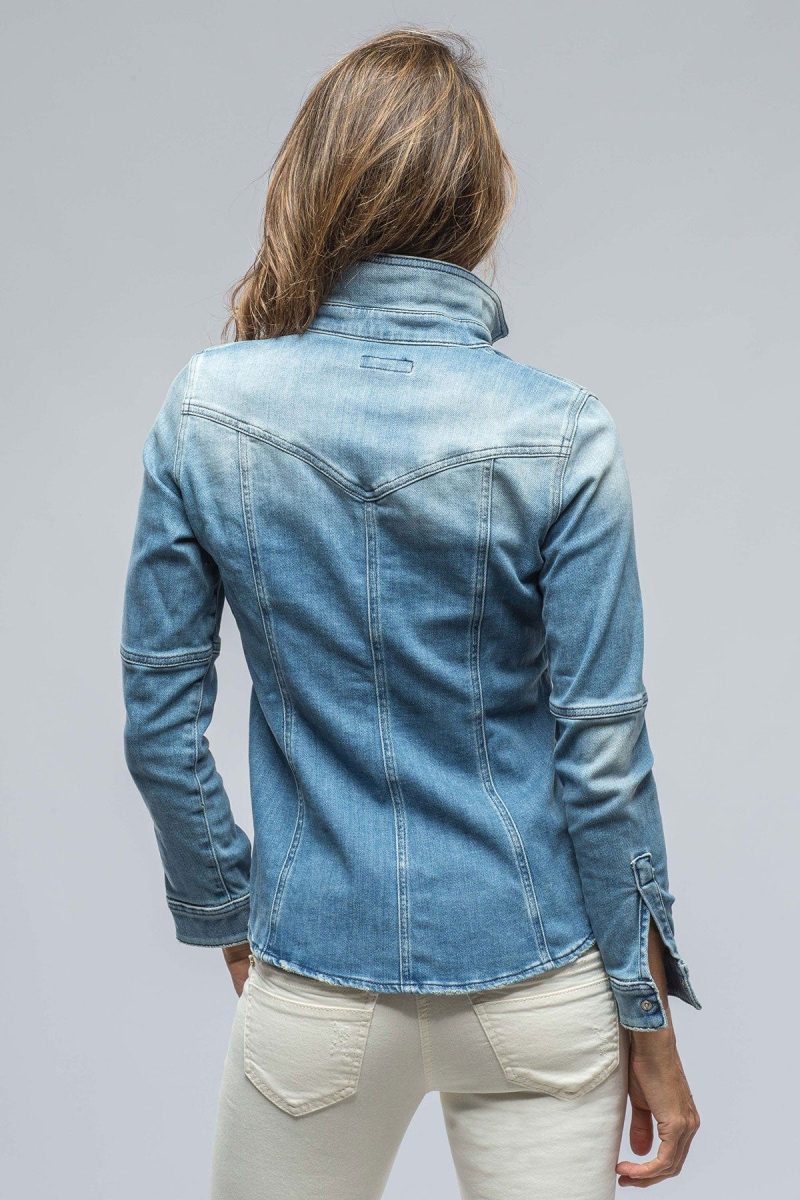 axels premium denim maddi fitted snap shirt in distressed light wash ladies tops axels vail 38523635204330