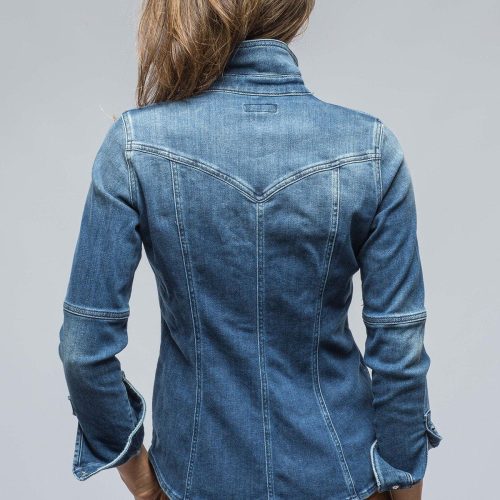 axels premium denim maddi fitted western shirt in mid dark blue ladies tops axels vail 38523632091370