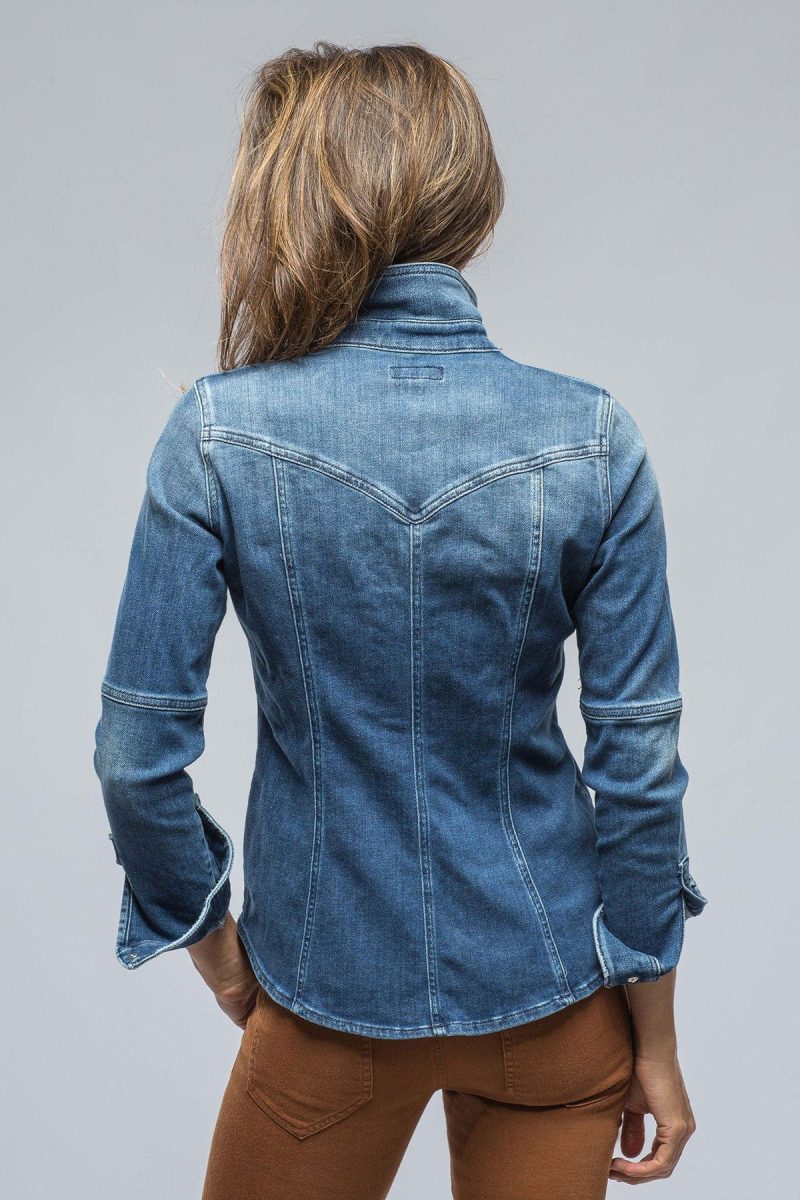 axels premium denim maddi fitted western shirt in mid dark blue ladies tops axels vail 38523632091370