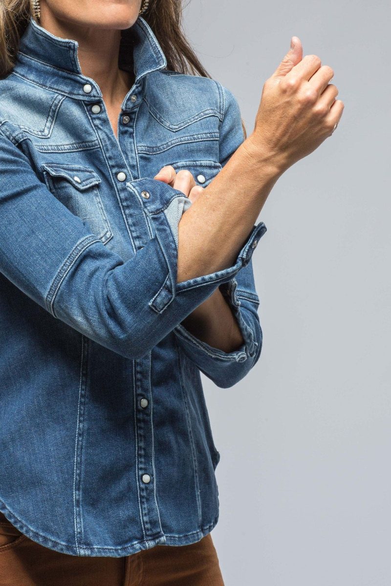 axels premium denim maddi fitted western shirt in mid dark blue ladies tops axels vail 38523632386282