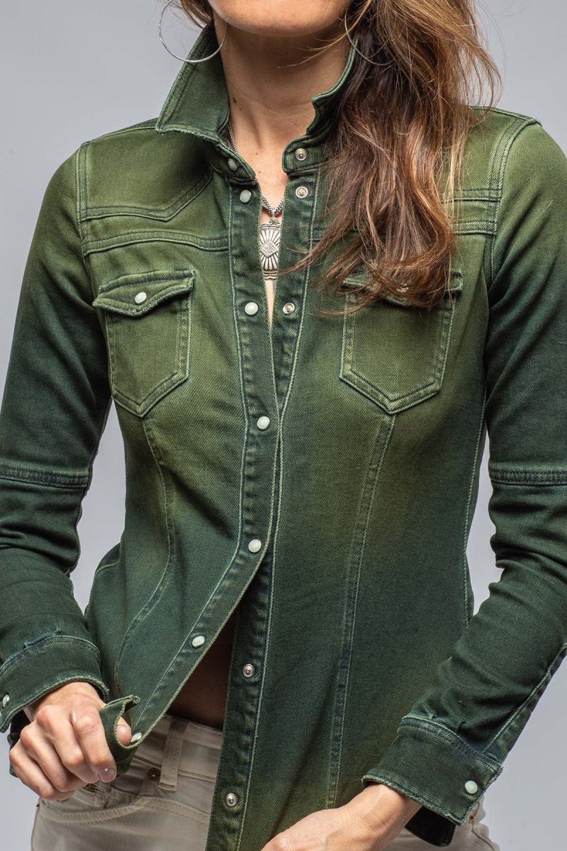 axels premium denim maddi fitted western snap shirt in avocado over dye ladies tops axels vail 36416585335018