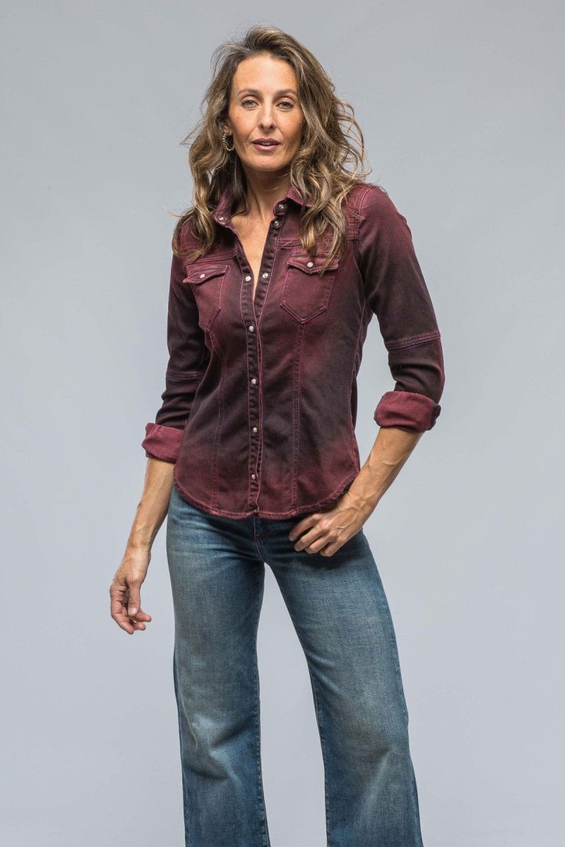 axels premium denim maddi fitted western snap shirt in bordeaux over dye ladies tops axels vail 38548073218282