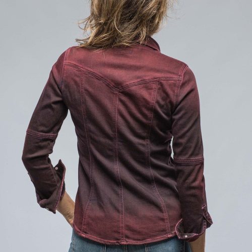 axels premium denim maddi fitted western snap shirt in bordeaux over dye ladies tops axels vail 38548073382122