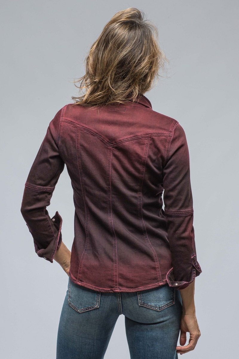 axels premium denim maddi fitted western snap shirt in bordeaux over dye ladies tops axels vail 38548073382122