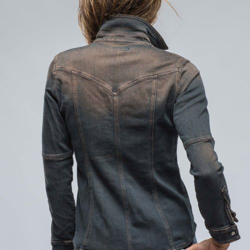 axels premium denim maddi fitted western snap shirt in brown over dye ladies tops axels vail 38523641463018