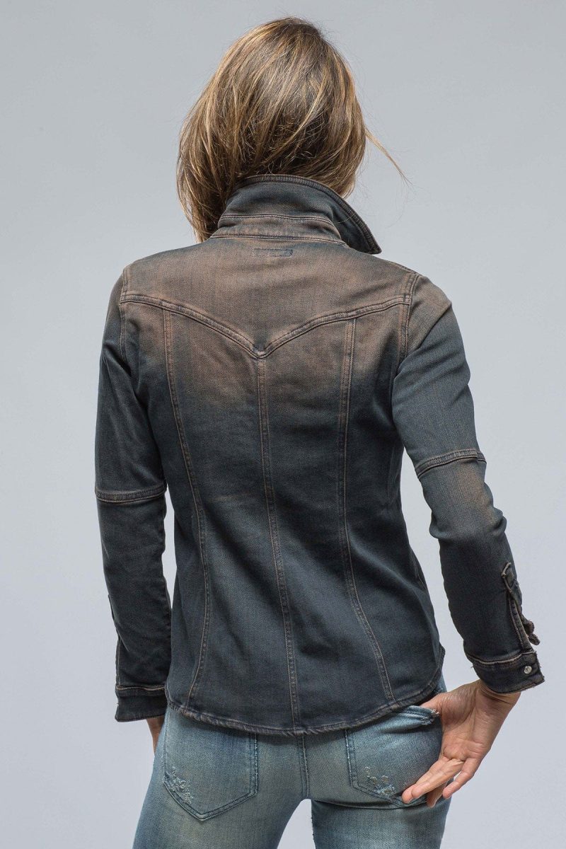 axels premium denim maddi fitted western snap shirt in brown over dye ladies tops axels vail 38523641463018