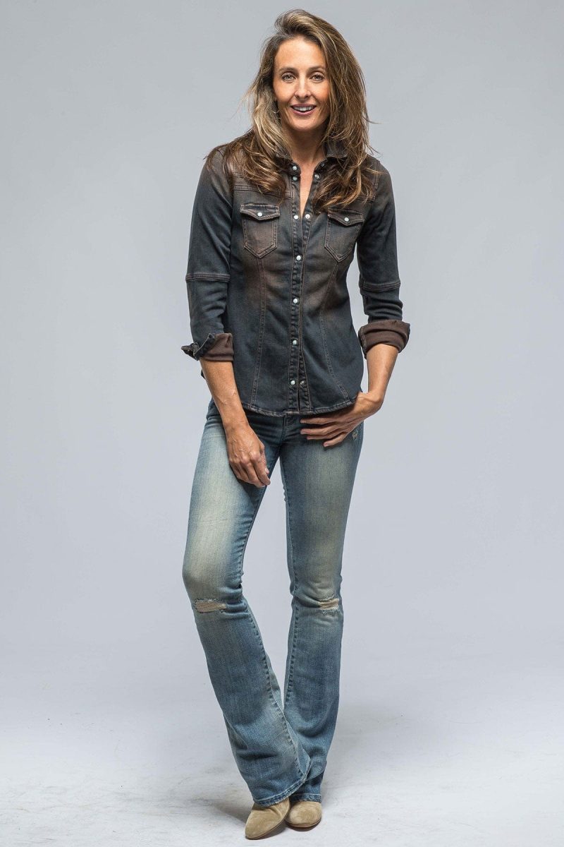 axels premium denim maddi fitted western snap shirt in brown over dye ladies tops axels vail 38523641528554